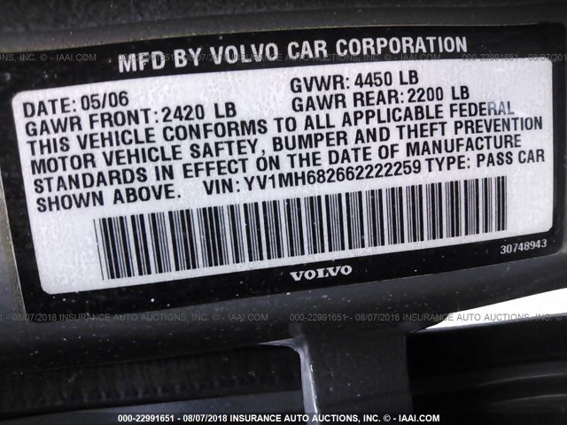 YV1MH682662222259 - 2006 VOLVO S40 T5 GRAY photo 9