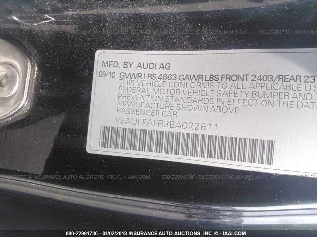 WAULFAFR3BA022611 - 2011 AUDI A5 PREMIUM PLUS BLACK photo 9