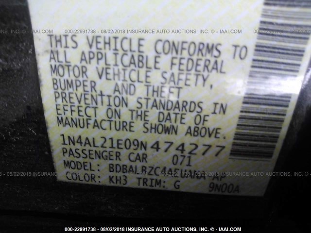 1N4AL21E09N474277 - 2009 NISSAN ALTIMA 2.5/2.5S BLACK photo 9