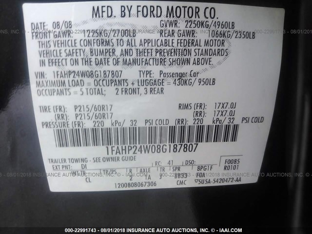 1FAHP24W08G187807 - 2008 FORD TAURUS SEL BLUE photo 9