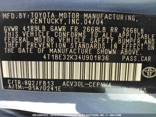 4T1BE32K34U901836 - 2004 TOYOTA CAMRY LE/XLE/SE Açıq mavi foto 9