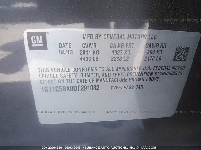 1G11C5SA8DF291082 - 2013 CHEVROLET MALIBU 1LT GRAY photo 9