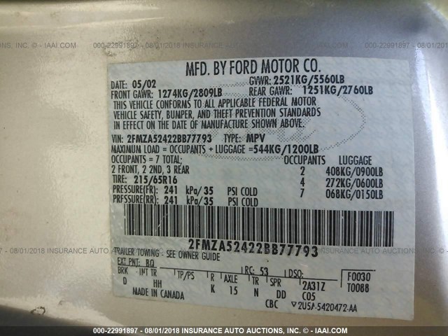 2FMZA52422BB77793 - 2002 FORD WINDSTAR SE BROWN photo 9