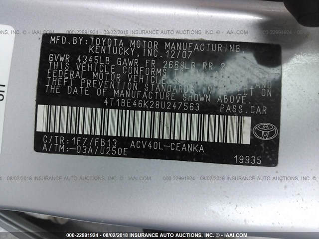 4T1BE46K28U247563 - 2008 TOYOTA CAMRY CE/LE/XLE/SE SILVER photo 9