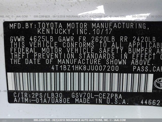 4T1BZ1HK8JU007200 - 2018 TOYOTA CAMRY XSE/XLE WHITE photo 9