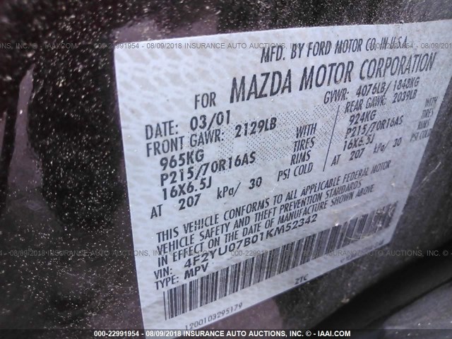 4F2YU07B01KM52342 - 2001 MAZDA TRIBUTE DX BROWN photo 9