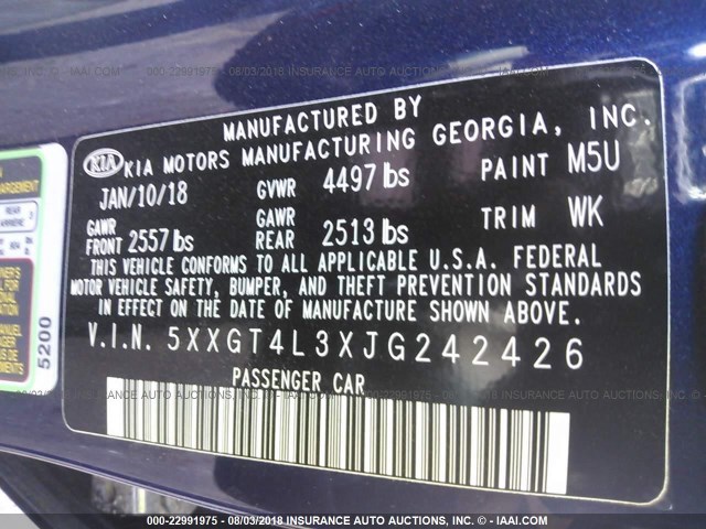 5XXGT4L3XJG242426 - 2018 KIA OPTIMA LX/S BLUE photo 9