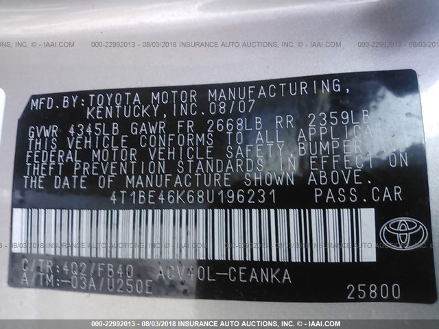 4T1BE46K68U196231 - 2008 TOYOTA CAMRY CE/LE/XLE/SE GOLD photo 9