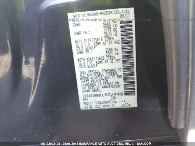 5N1AR1NN8CC602440 - 2012 NISSAN PATHFINDER S/LE/SE GRAY photo 9