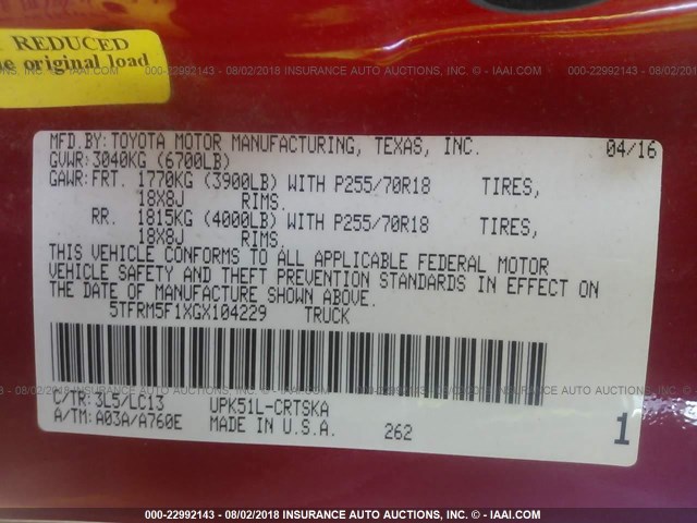 5TFRM5F1XGX104229 - 2016 TOYOTA TUNDRA DOUBLE CAB SR/SR5 RED photo 9