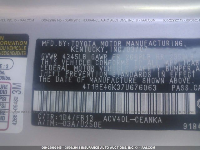 4T1BE46K37U676063 - 2007 TOYOTA CAMRY NEW GENERAT CE/LE/XLE/SE SILVER photo 9