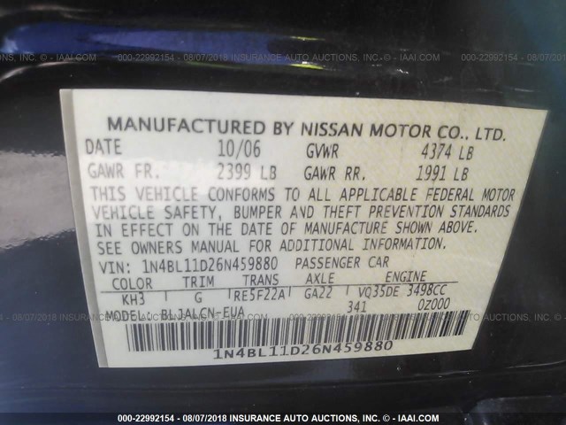 1N4BL11D26N459880 - 2006 NISSAN ALTIMA SE/SL/SE-R BLACK photo 9