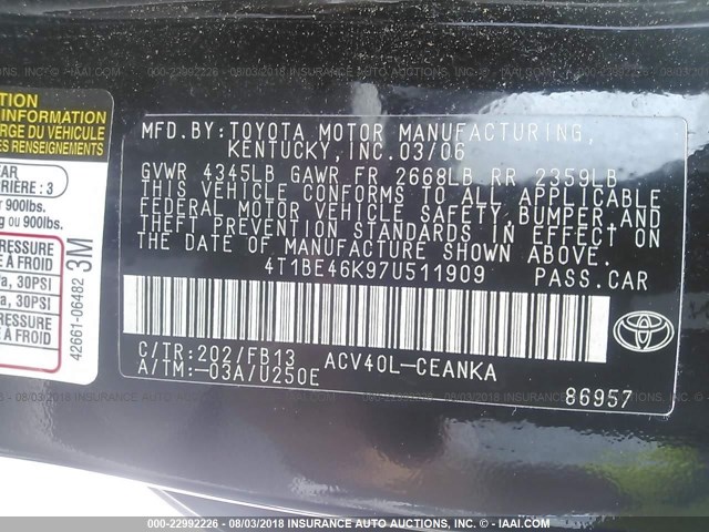 4T1BE46K97U511909 - 2007 TOYOTA CAMRY NEW GENERAT CE/LE/XLE/SE BLACK photo 9
