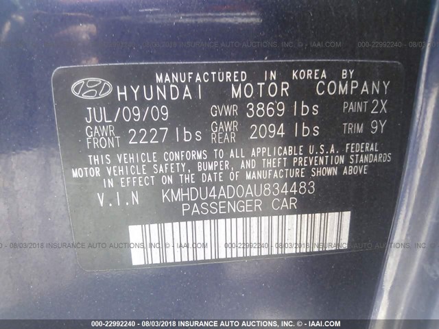 KMHDU4AD0AU834483 - 2010 HYUNDAI ELANTRA BLUE/GLS/SE BLUE photo 9