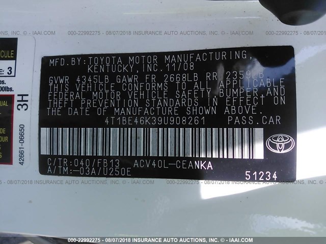 4T1BE46K39U908261 - 2009 TOYOTA CAMRY SE/LE/XLE თეთრი ფოტო 9