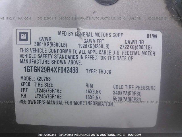 1GTGK29R4XF042488 - 1999 GMC SIERRA K2500 Pewter photo 9