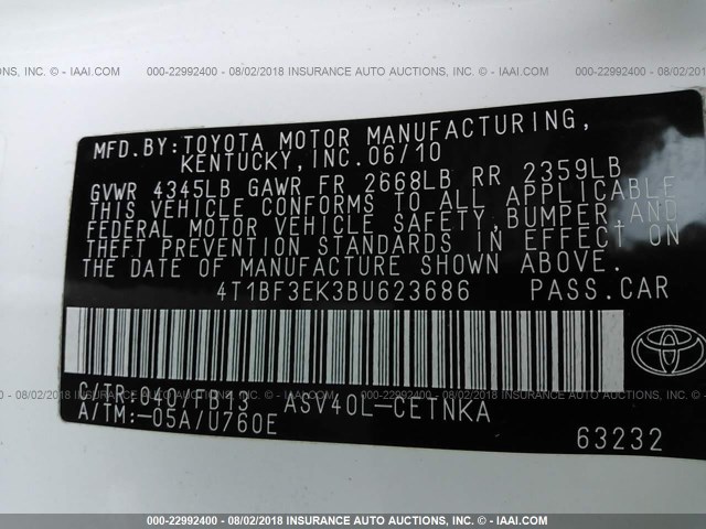 4T1BF3EK3BU623686 - 2011 TOYOTA CAMRY SE/LE/XLE თეთრი ფოტო 9