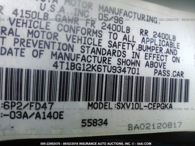 4T1BG12K6TU934701 - 1996 TOYOTA CAMRY DX/LE/XLE GREEN photo 9