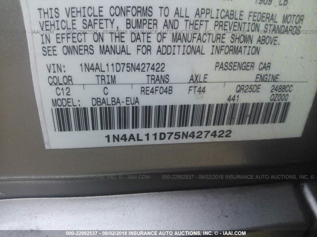 1N4AL11D75N427422 - 2005 NISSAN ALTIMA S/SL GOLD photo 9