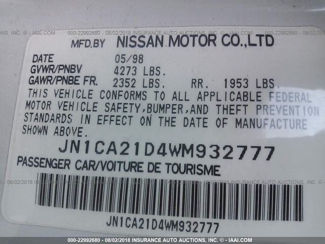 JN1CA21D4WM932777 - 1998 NISSAN MAXIMA GLE/GXE/SE WHITE photo 9