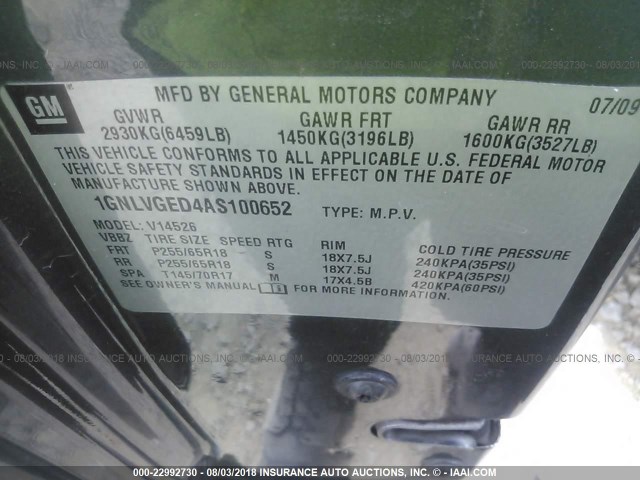 1GNLVGED4AS100652 - 2010 CHEVROLET TRAVERSE LT GRAY photo 9