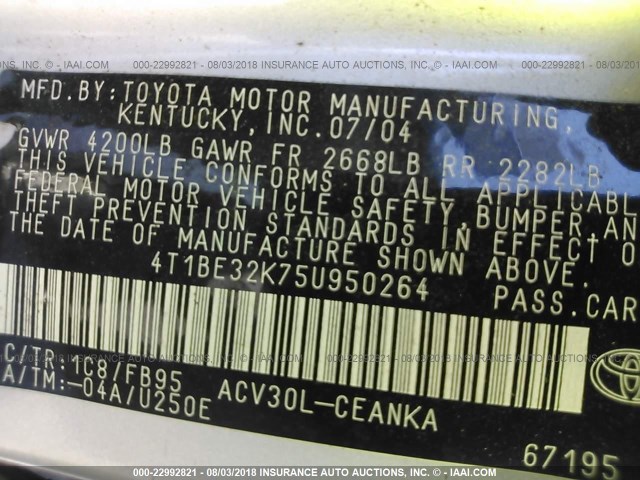 4T1BE32K75U950264 - 2005 TOYOTA CAMRY LE/XLE/SE Gümüş foto 9