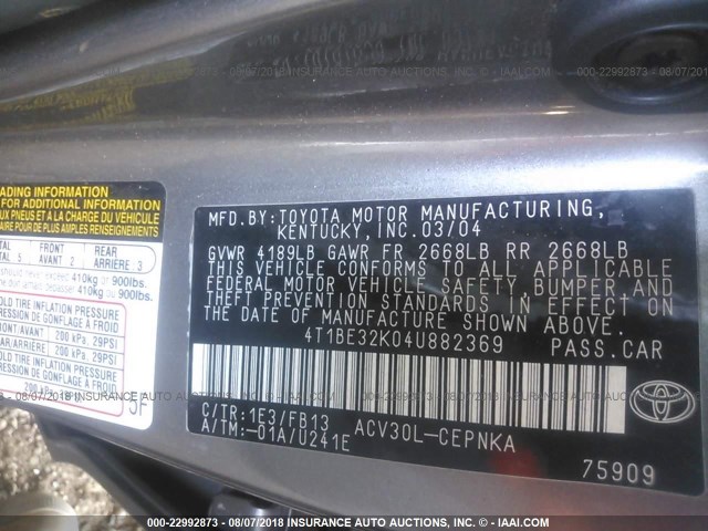 4T1BE32K04U882369 - 2004 TOYOTA CAMRY LE/XLE/SE Boz foto 9