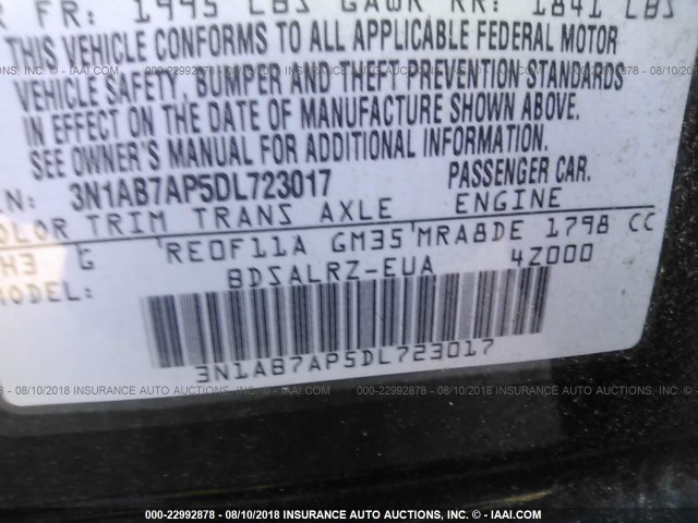 3N1AB7AP5DL723017 - 2013 NISSAN SENTRA S/SV/SR/SL BLACK photo 9