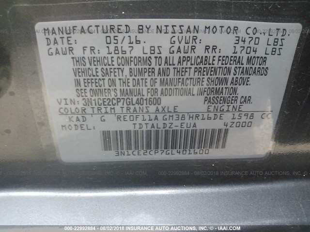 3N1CE2CP7GL401600 - 2016 NISSAN VERSA NOTE S/S PLUS/SV/SL/SR GRAY photo 9