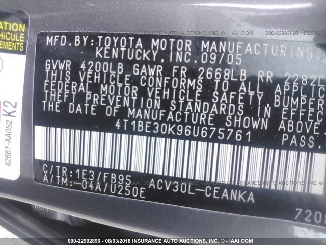 4T1BE30K96U675761 - 2006 TOYOTA CAMRY LE/XLE/SE 灰色 照片 9
