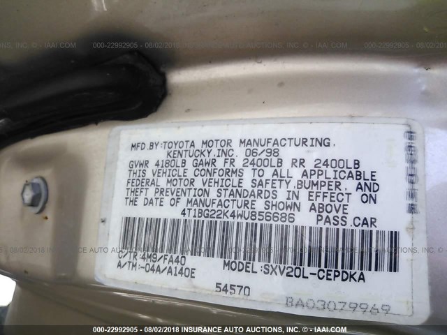 4T1BG22K4WU856686 - 1998 TOYOTA CAMRY CE/LE/XLE 棕色 照片 9