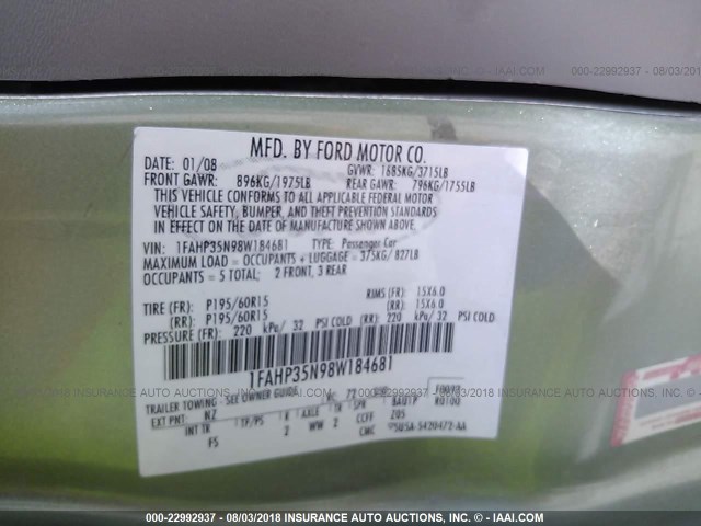 1FAHP35N98W184681 - 2008 FORD FOCUS SE/SEL/SES GREEN photo 9