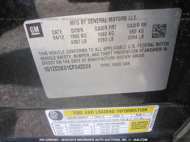 1G1ZC5E01CF342524 - 2012 CHEVROLET MALIBU 1LT შავი ფოტო 9