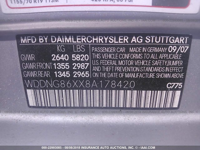 WDDNG86XX8A178420 - 2008 MERCEDES-BENZ S 550 4MATIC SILVER photo 9