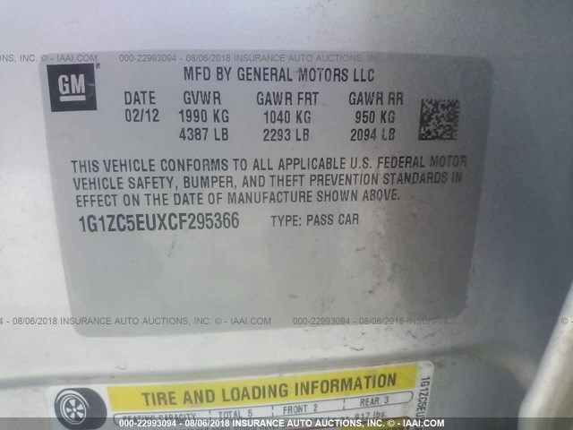 1G1ZC5EUXCF295366 - 2012 CHEVROLET MALIBU 1LT ვერცხლისფერი ფოტო 9