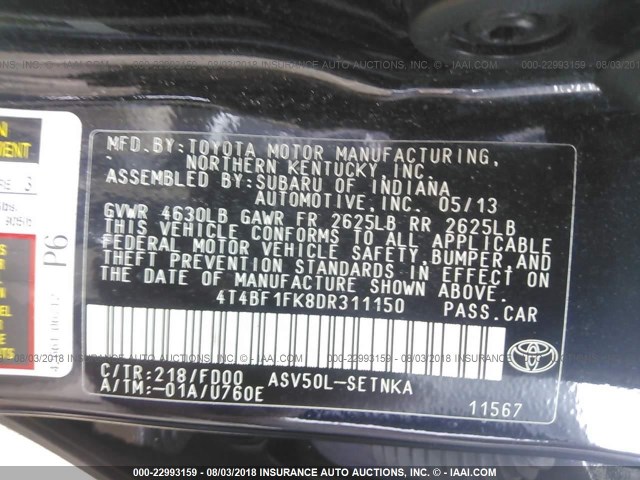 4T4BF1FK8DR311150 - 2013 TOYOTA CAMRY L/SE/LE/XLE 黑色 照片 9