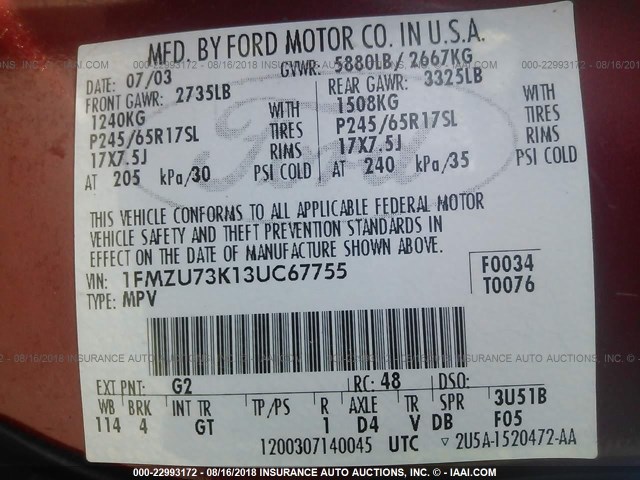 1FMZU73K13UC67755 - 2003 FORD EXPLORER XLT/XLT SPORT/NBX 红色 照片 9