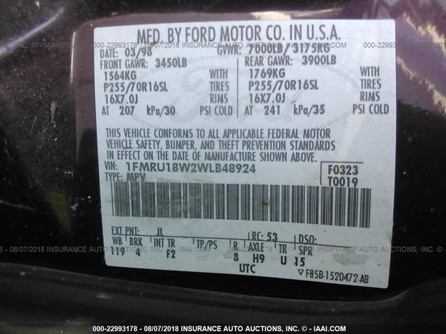 1FMRU18W2WLB48924 - 1998 FORD EXPEDITION MAROON photo 9