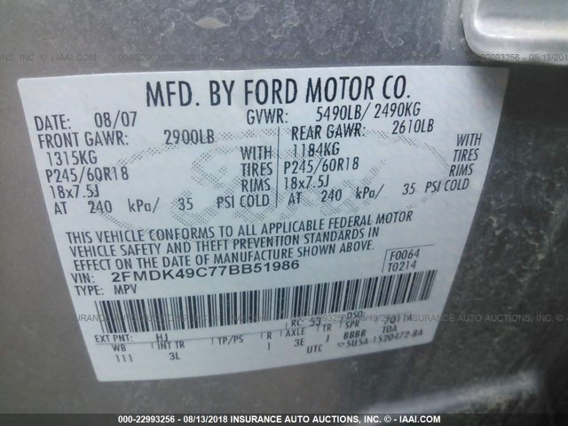 2FMDK49C77BB51986 - 2007 FORD EDGE SEL PLUS SILVER photo 9