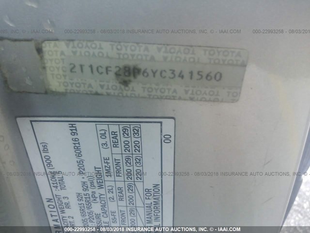 2T1CF28P6YC341560 - 2000 TOYOTA CAMRY SOLARA SE/SLE ვერცხლისფერი ფოტო 9