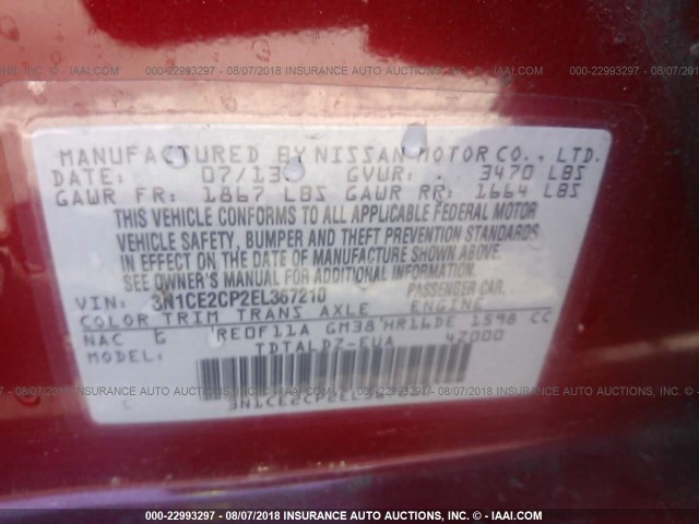 3N1CE2CP2EL367210 - 2014 NISSAN VERSA NOTE S/S PLUS/SV/SL RED photo 9