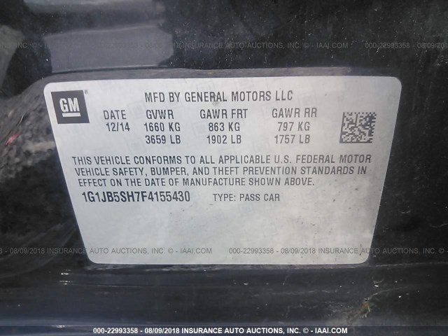 1G1JB5SH7F4155430 - 2015 CHEVROLET SONIC LS 黑色 照片 9