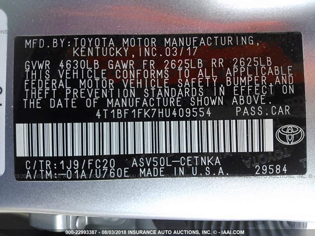 4T1BF1FK7HU409554 - 2017 TOYOTA CAMRY LE/XLE/SE/XSE SILVER photo 9