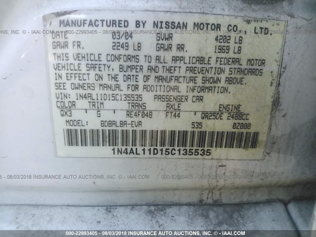 1N4AL11D15C135535 - 2005 NISSAN ALTIMA S/SL WHITE photo 9