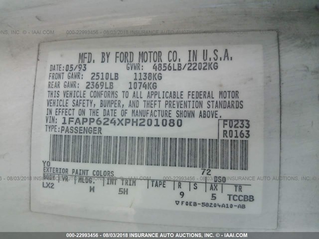 1FAPP624XPH201080 - 1993 FORD THUNDERBIRD LX WHITE photo 9