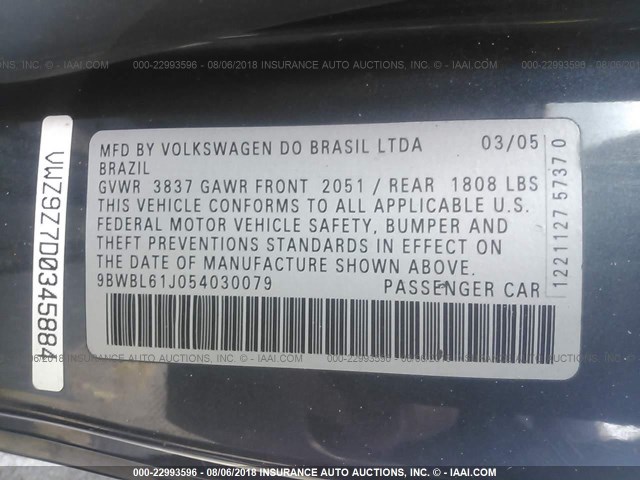 9BWBL61J054030079 - 2005 VOLKSWAGEN GOLF GL GRAY photo 9