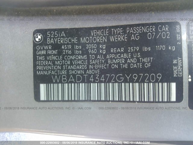 WBADT43472GY97209 - 2002 BMW 525 I AUTOMATIC 灰色 照片 9