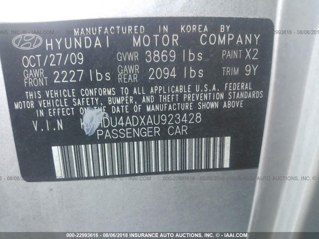 KMHDU4ADXAU923428 - 2010 HYUNDAI ELANTRA BLUE/GLS/SE SILVER photo 9