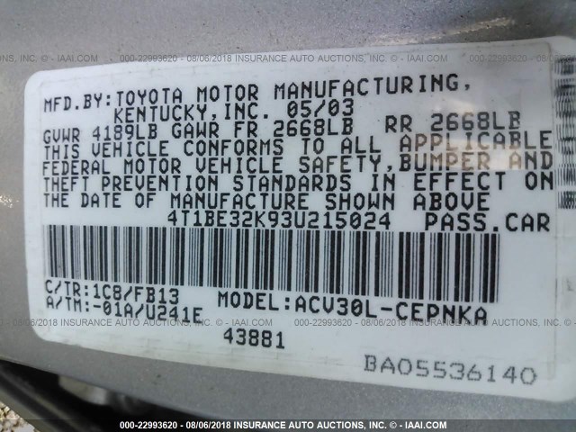 4T1BE32K93U215024 - 2003 TOYOTA CAMRY LE/XLE/SE Gümüş foto 9