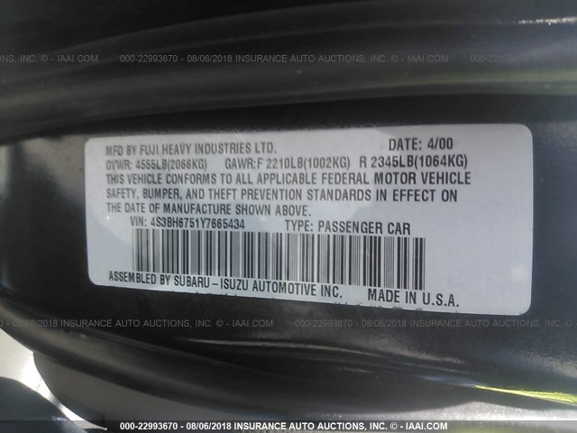 4S3BH6751Y7665434 - 2000 SUBARU LEGACY OUTBACK AWP 蓝色 照片 9